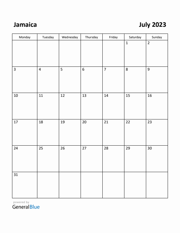 July 2023 Calendar with Jamaica Holidays