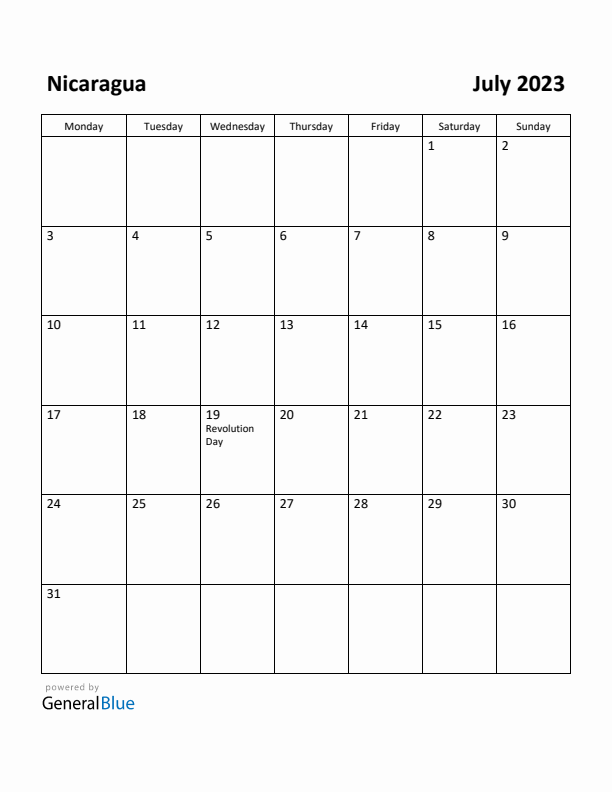 July 2023 Calendar with Nicaragua Holidays