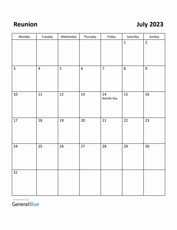 July 2023 Calendar with Reunion Holidays