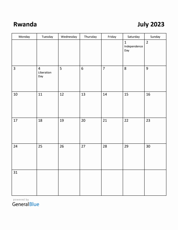 July 2023 Calendar with Rwanda Holidays