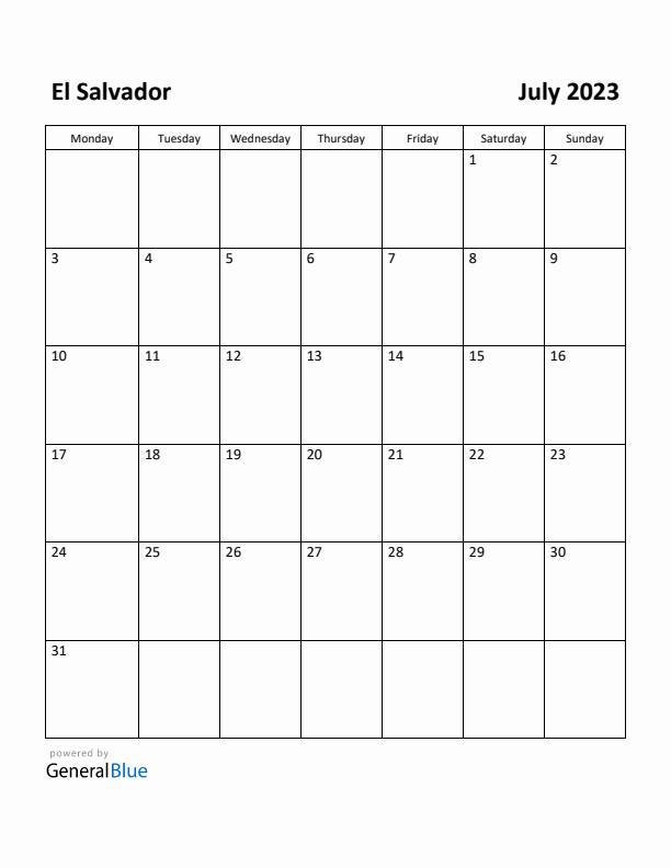 July 2023 Calendar with El Salvador Holidays