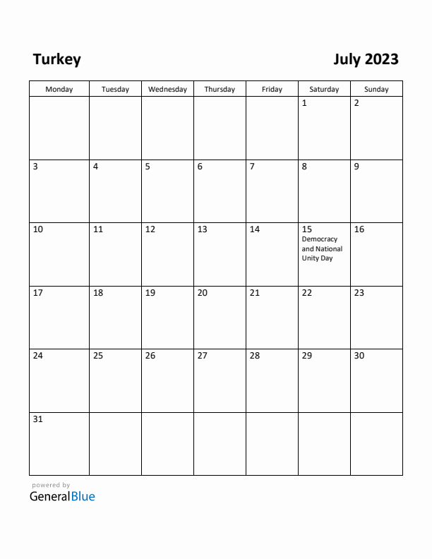 July 2023 Calendar with Turkey Holidays