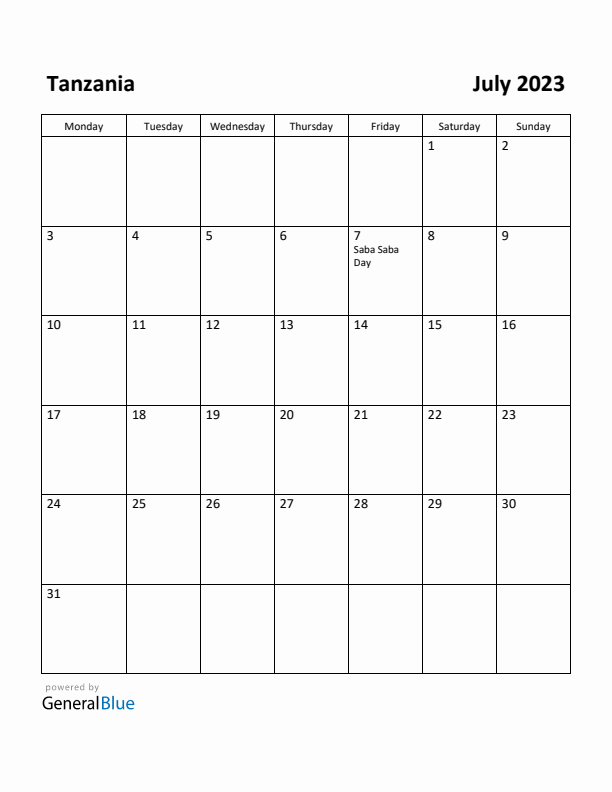 July 2023 Calendar with Tanzania Holidays