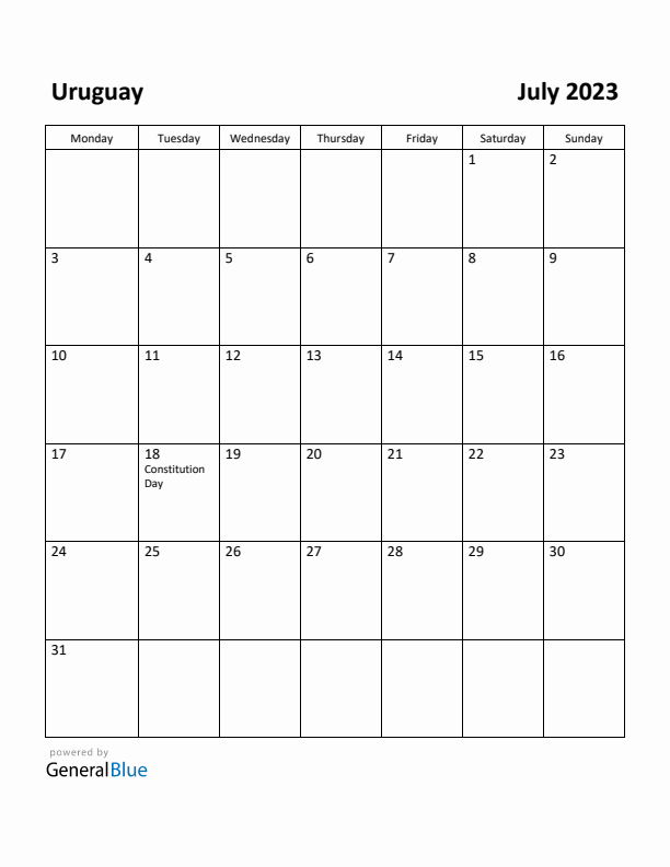 July 2023 Calendar with Uruguay Holidays