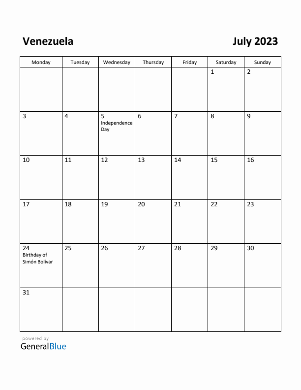 July 2023 Calendar with Venezuela Holidays