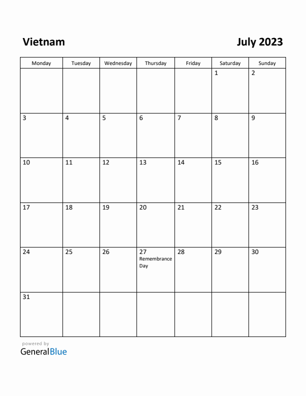 July 2023 Calendar with Vietnam Holidays