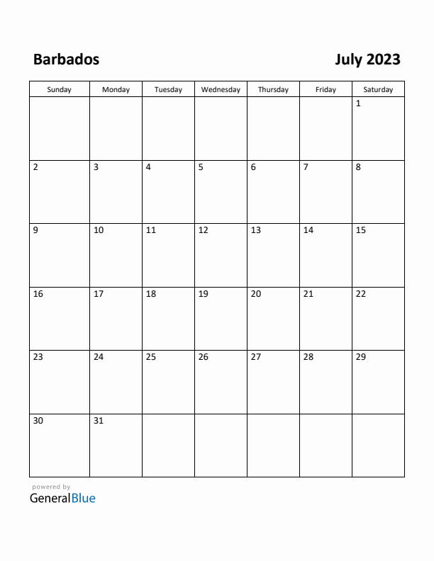 July 2023 Calendar with Barbados Holidays