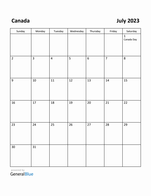 July 2023 Calendar with Canada Holidays