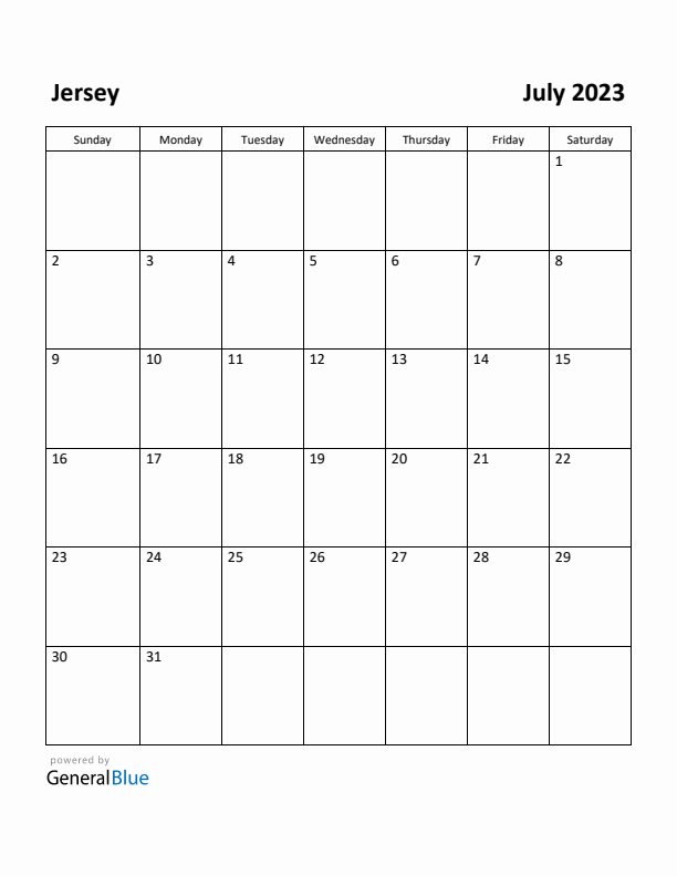 July 2023 Calendar with Jersey Holidays