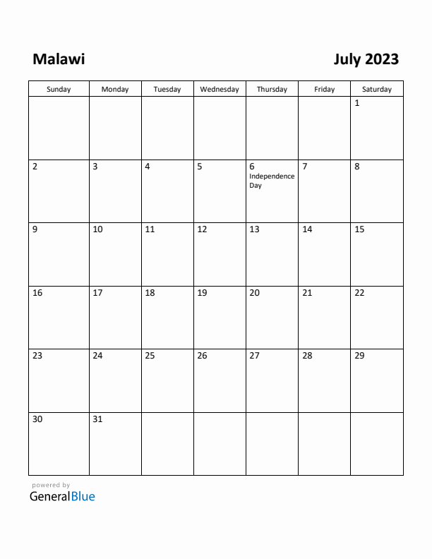 July 2023 Calendar with Malawi Holidays