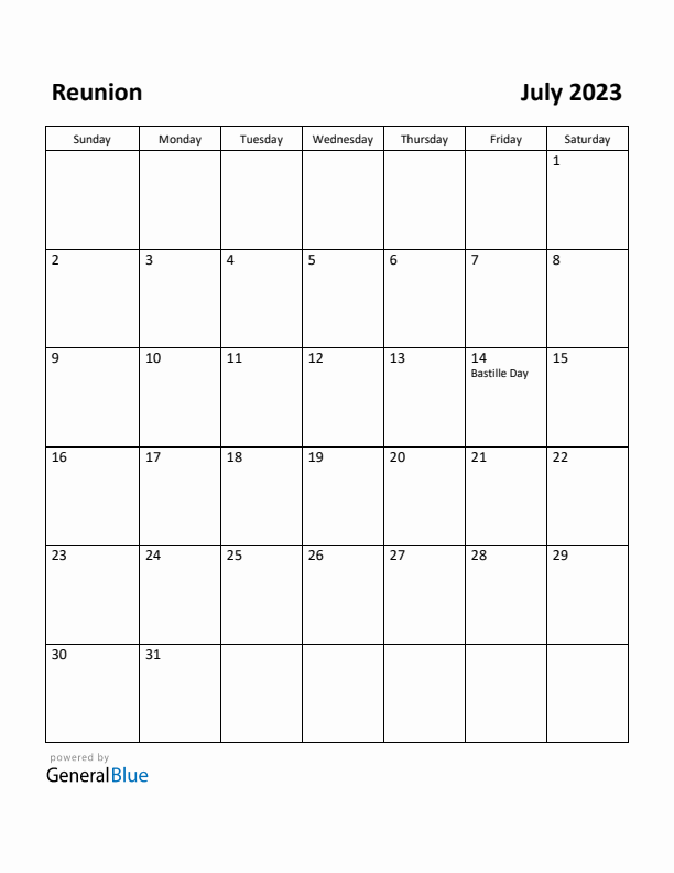 July 2023 Calendar with Reunion Holidays