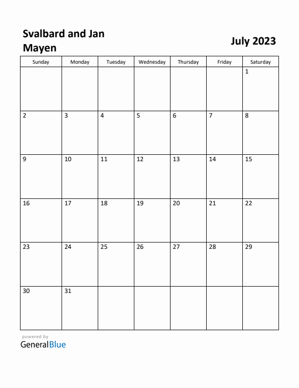 July 2023 Calendar with Svalbard and Jan Mayen Holidays