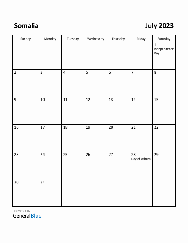 July 2023 Calendar with Somalia Holidays