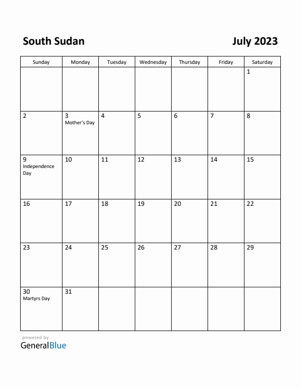 July 2023 Calendar with South Sudan Holidays