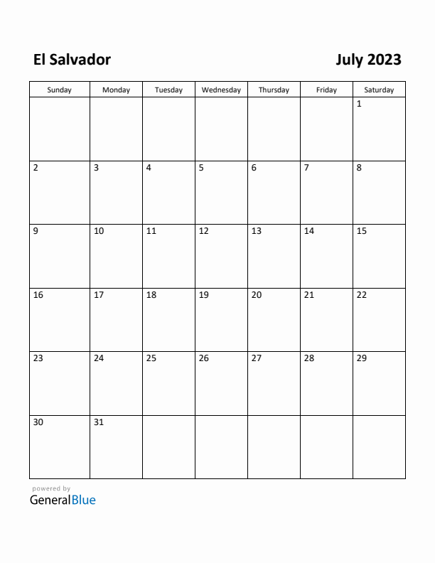 July 2023 Calendar with El Salvador Holidays