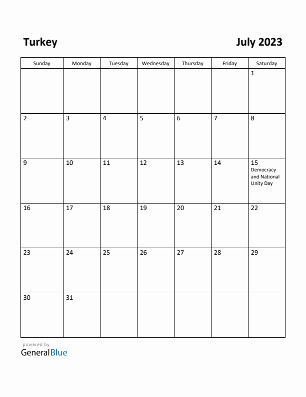 July 2023 Calendar with Turkey Holidays