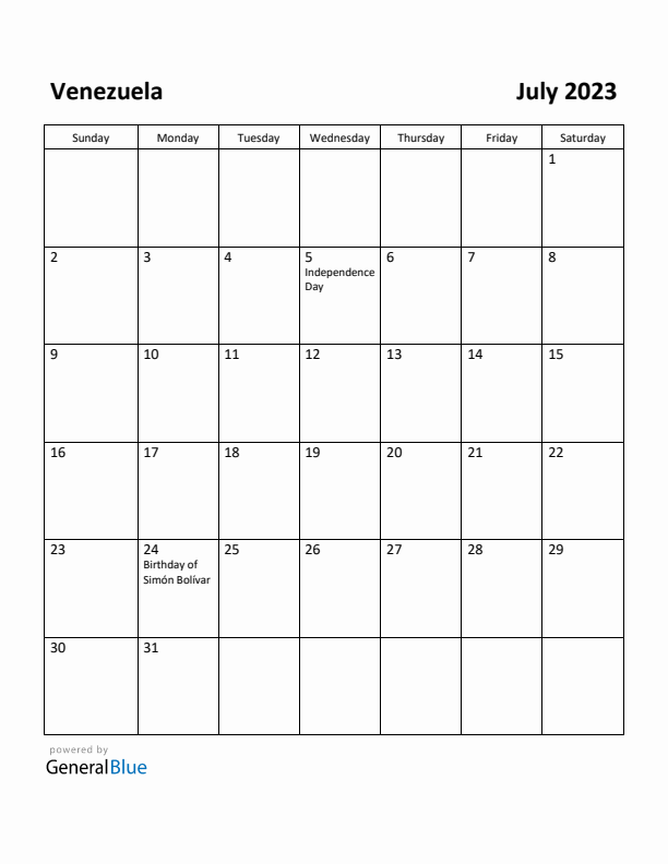 July 2023 Calendar with Venezuela Holidays