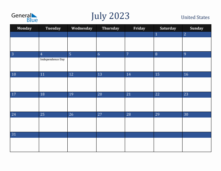 July 2023 United States Calendar (Monday Start)