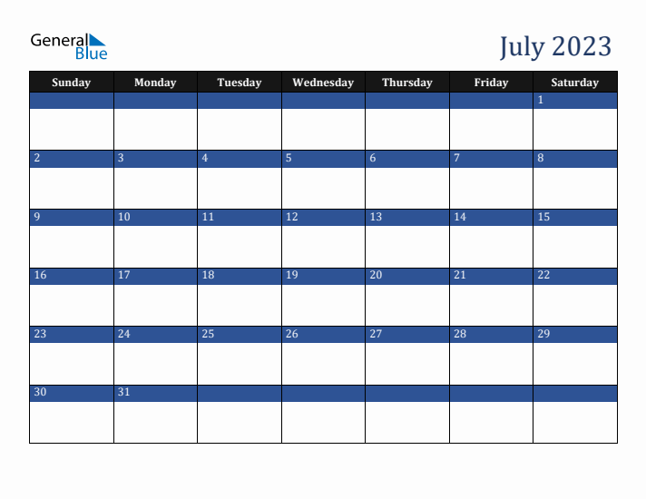 Sunday Start Calendar for July 2023