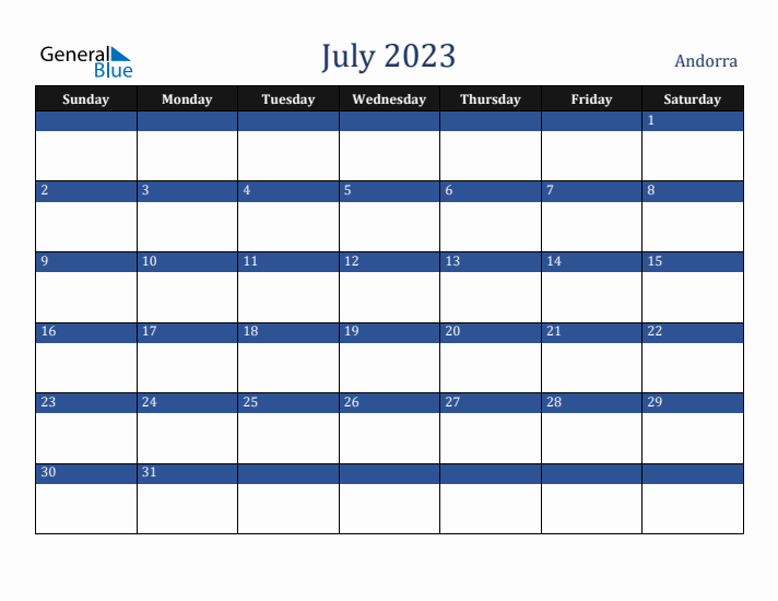 July 2023 Andorra Calendar (Sunday Start)