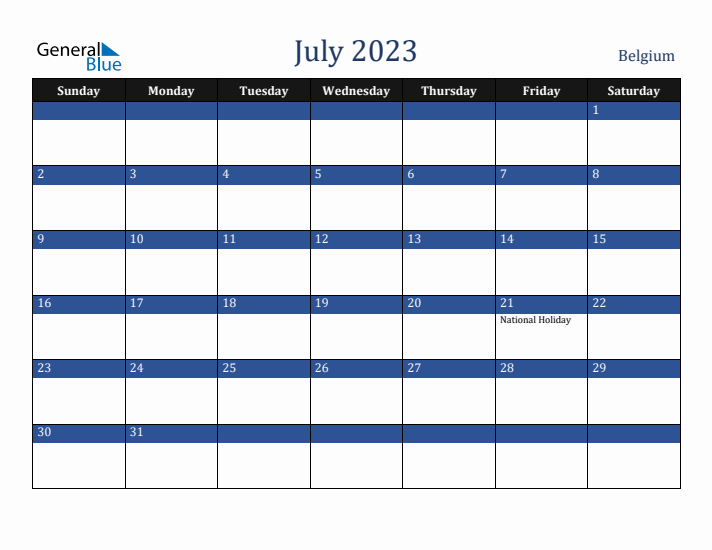 July 2023 Belgium Calendar (Sunday Start)