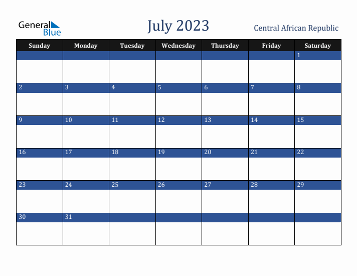 July 2023 Central African Republic Calendar (Sunday Start)