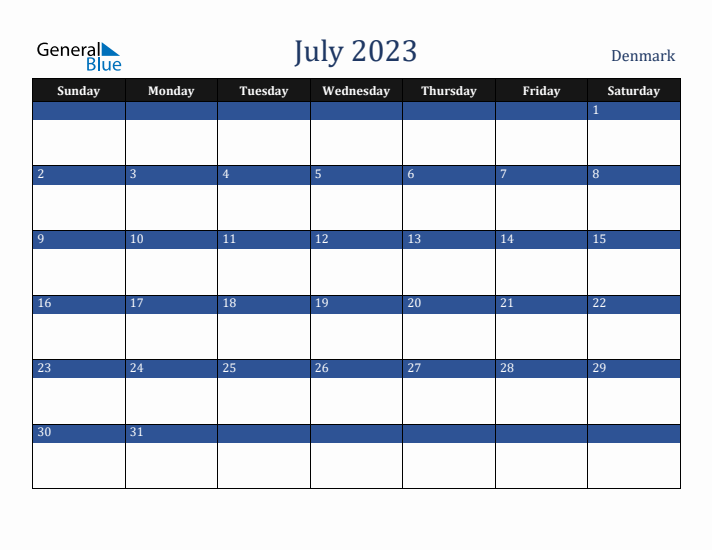 July 2023 Denmark Calendar (Sunday Start)