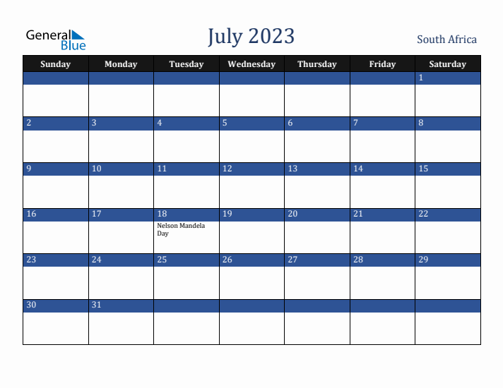 July 2023 South Africa Calendar (Sunday Start)