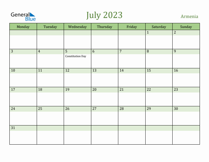 July 2023 Calendar with Armenia Holidays