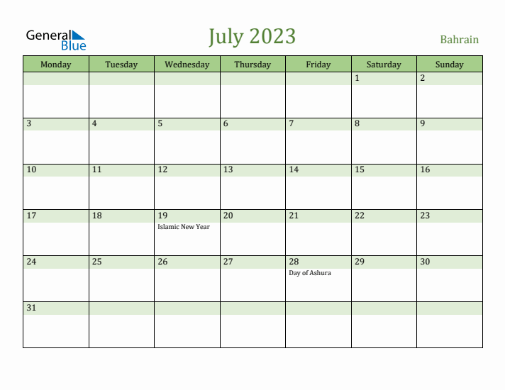 July 2023 Calendar with Bahrain Holidays