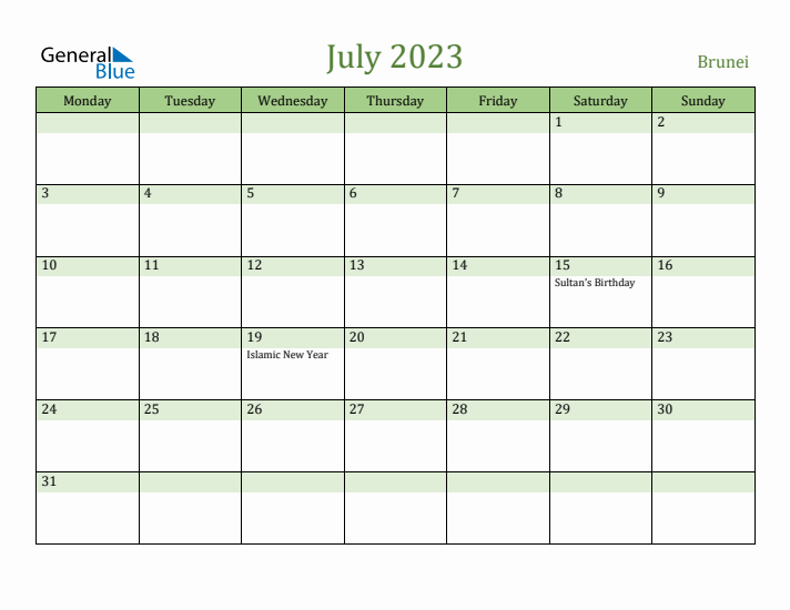 July 2023 Calendar with Brunei Holidays