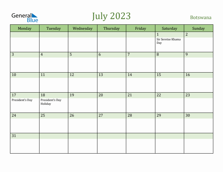 July 2023 Calendar with Botswana Holidays