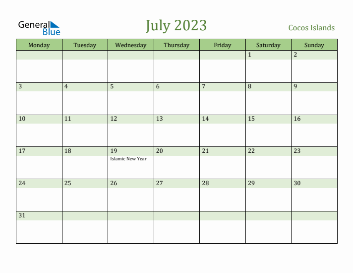 July 2023 Calendar with Cocos Islands Holidays