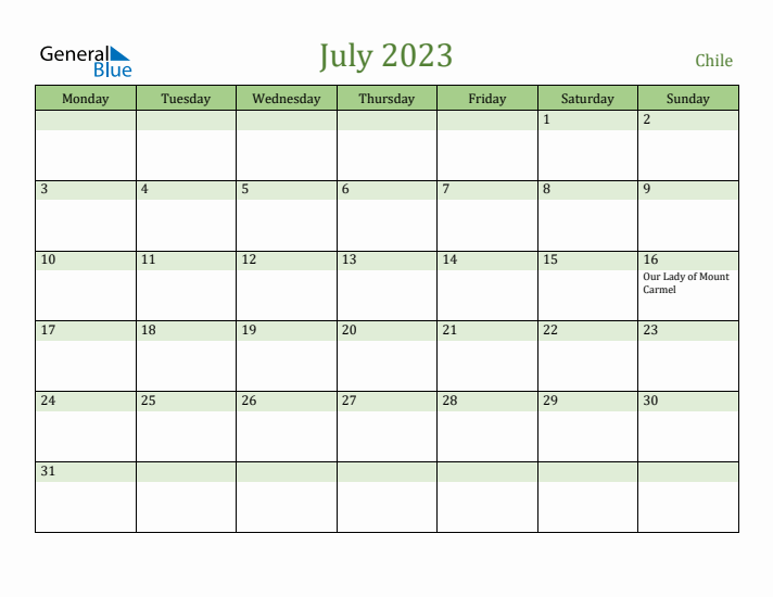 July 2023 Calendar with Chile Holidays