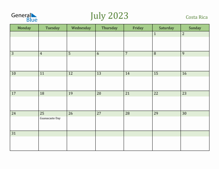 July 2023 Calendar with Costa Rica Holidays