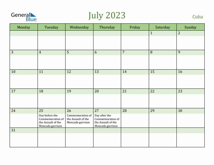 July 2023 Calendar with Cuba Holidays