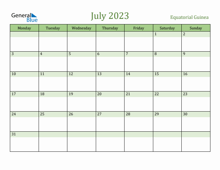 July 2023 Calendar with Equatorial Guinea Holidays