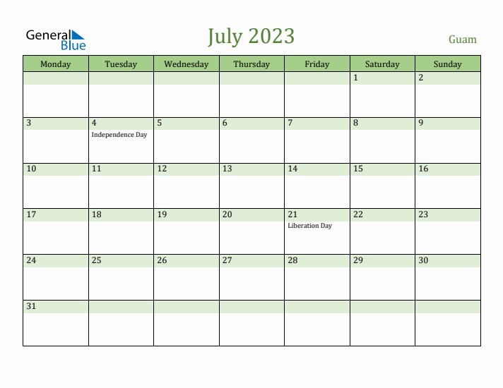 July 2023 Calendar with Guam Holidays