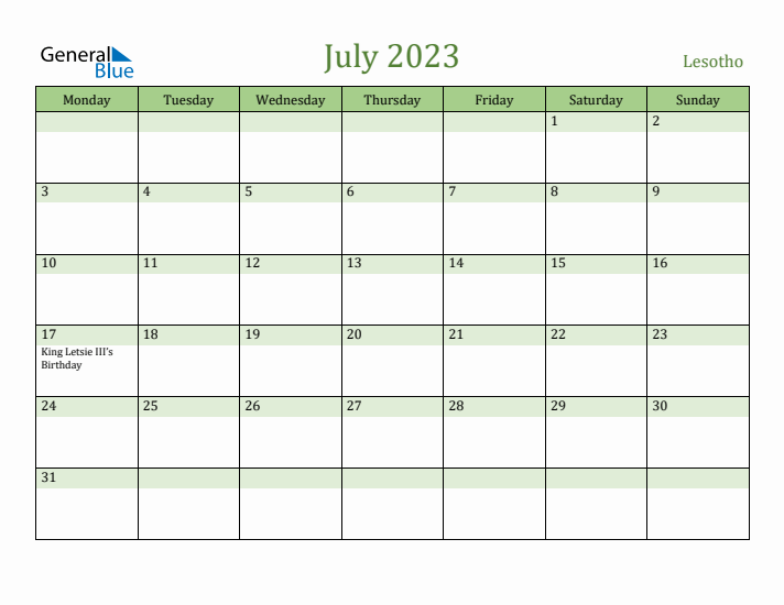 July 2023 Calendar with Lesotho Holidays