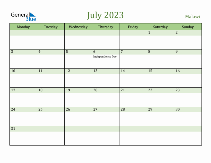 July 2023 Calendar with Malawi Holidays