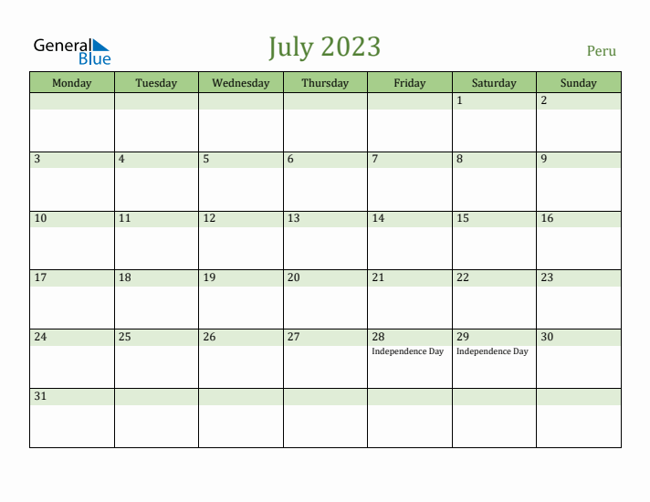 July 2023 Calendar with Peru Holidays