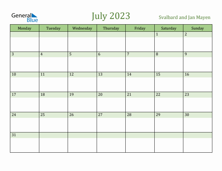 July 2023 Calendar with Svalbard and Jan Mayen Holidays