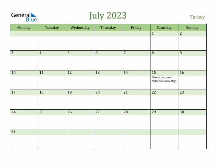 July 2023 Calendar with Turkey Holidays