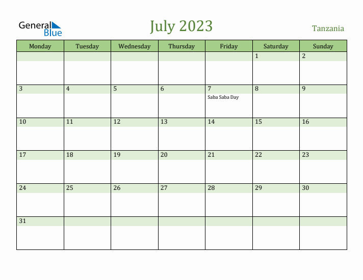 July 2023 Calendar with Tanzania Holidays