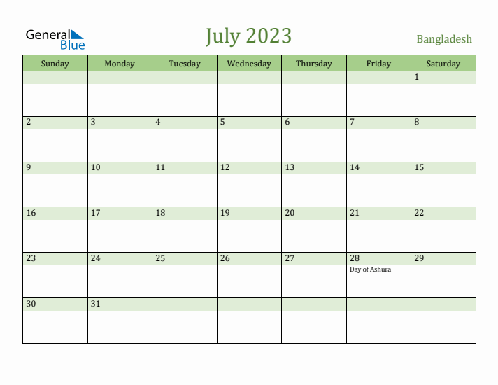 July 2023 Calendar with Bangladesh Holidays