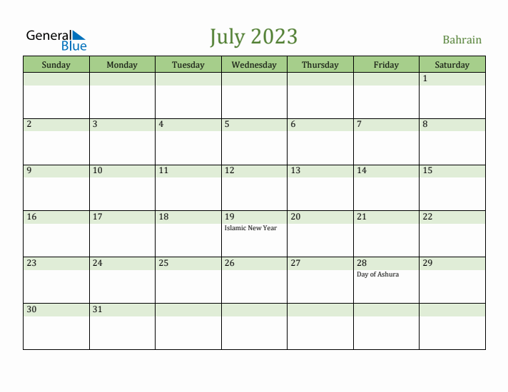 July 2023 Calendar with Bahrain Holidays