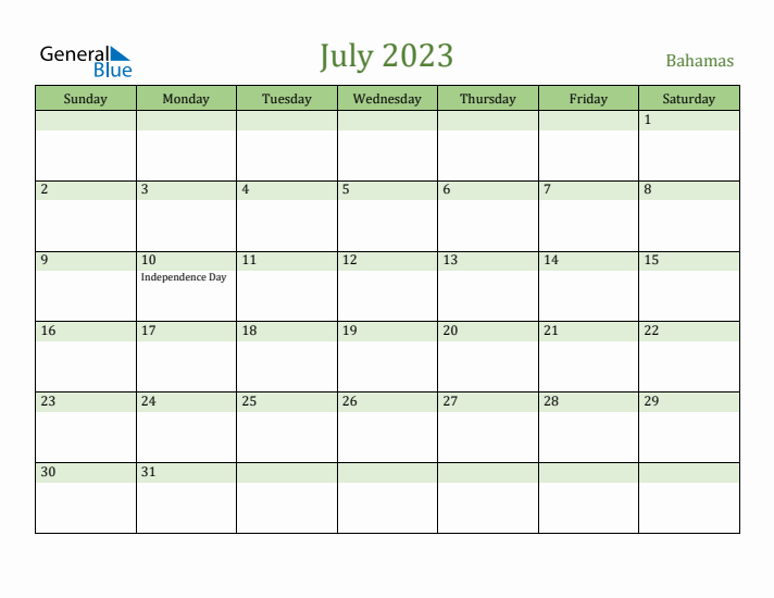 July 2023 Calendar with Bahamas Holidays