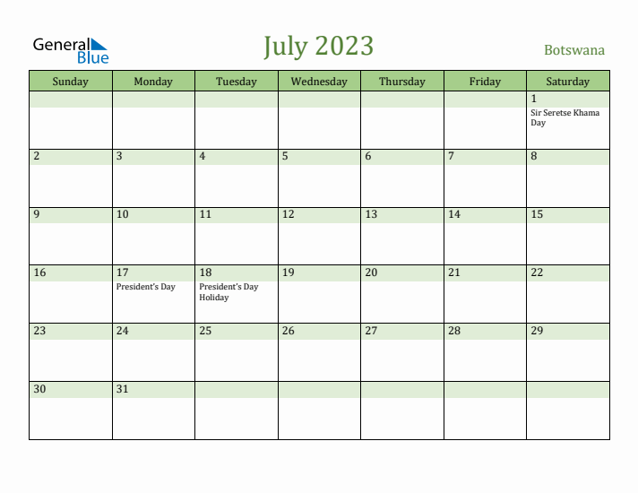 July 2023 Calendar with Botswana Holidays