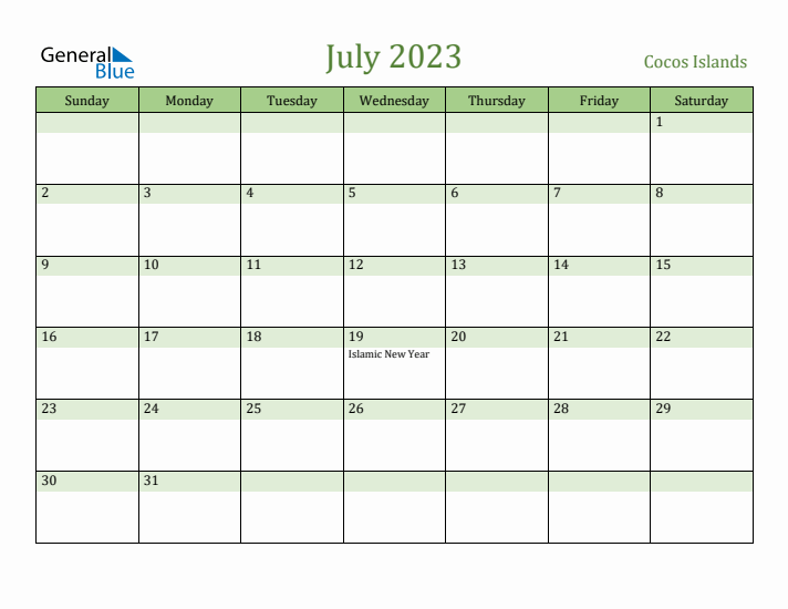 July 2023 Calendar with Cocos Islands Holidays