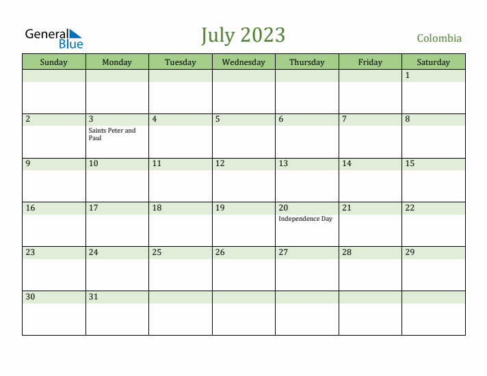 July 2023 Calendar with Colombia Holidays